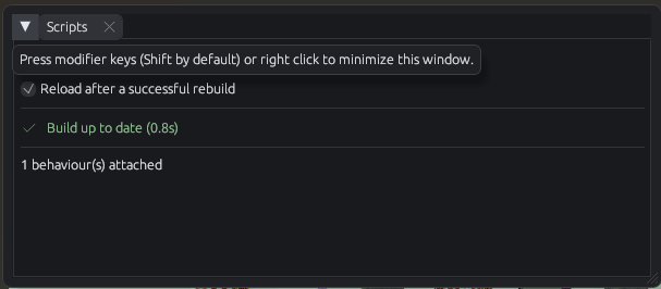 Orrin's Scripts panel reading “Build up to date (0.8s)”, with “Reload after a successful rebuild” ticked and one behaviour attached.